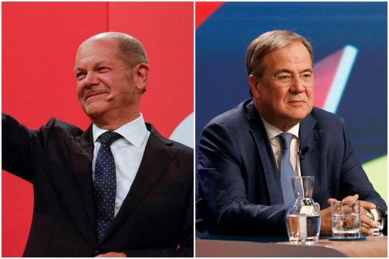 德國國會大選結果出爐，社民黨得票率拔得頭籌，該黨候選人舒茲（左）出任下任總理的機率甚高，右為拉謝特。法新社