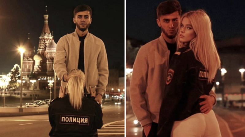 部落客柏比耶夫与模特儿阿琪莫娃9月底发布两人在红场一角拍摄的照片，左图被控违反「侵害宗教感情」的罪名。画面翻摄：RT.com(photo:UDN)