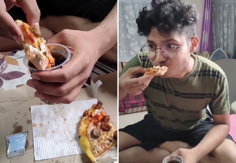 印度1名男子以披萨沾可乐进食，并拍摄试吃影片放上社交平台，结果引来网路热议，短短几秒的影片已有过百万人次观看。图／影片截图(photo:UDN)