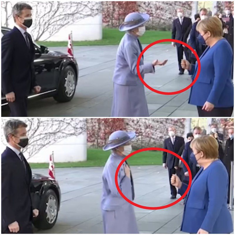 德国前总理梅克尔10日被媒体捕捉到试图与丹麦女王玛格丽特二世「碰拳」一幕，不过遭对方无视后梅克尔似乎也对自己失礼的举动感到尴尬。路透(photo:UDN)