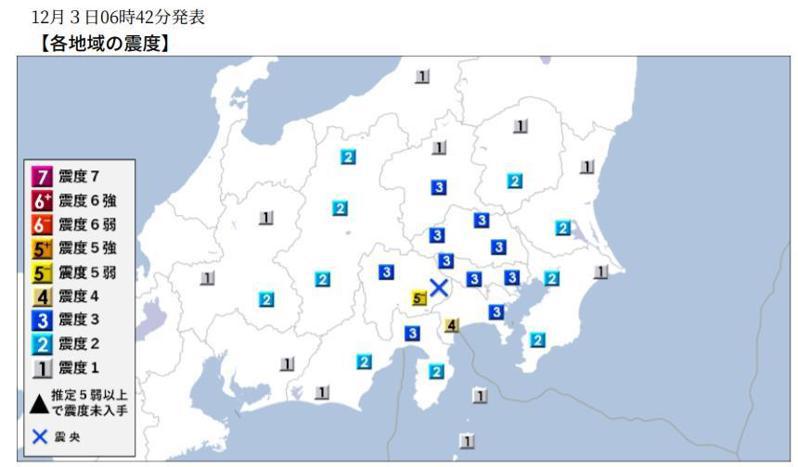 日本山梨縣富士五湖一夜連三震，今晨最後一次芮氏規模達4.8。圖／取自日本氣象廳新聞發布