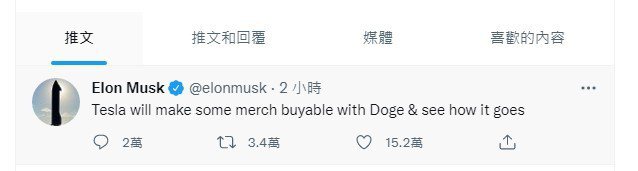 马斯克在推特宣布，消费者能用狗狗币买特斯拉的部分产品。图／撷自马斯克推特(photo:UDN)