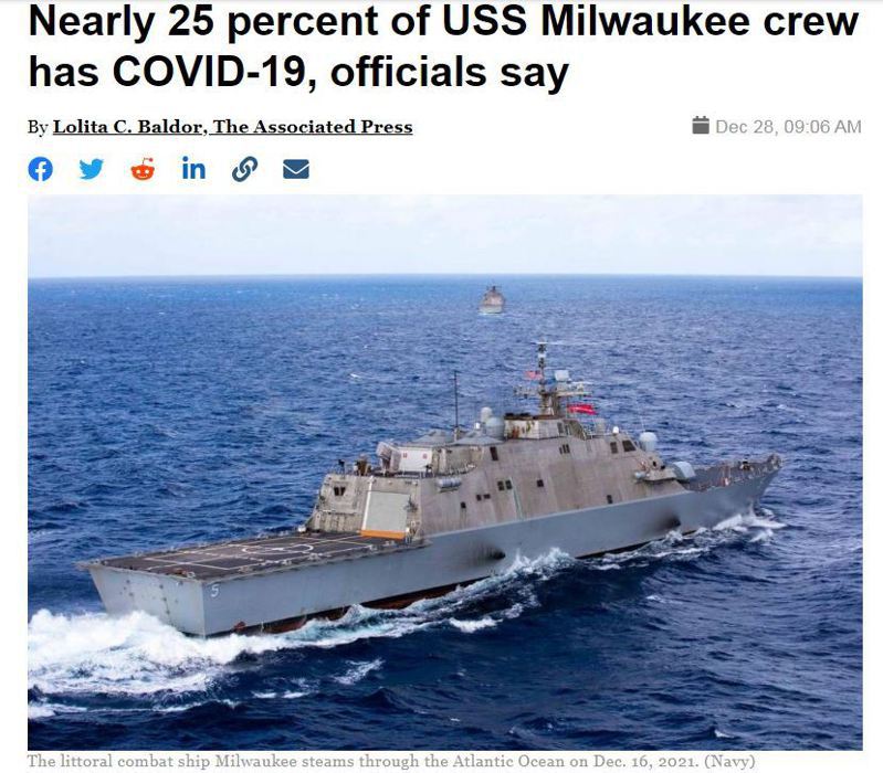 美国「海军时报」（Navy Times）指出，全船约100人的自由级近岸作战舰密尔瓦基号（USSMilwaukee），上週因为爆发COVID-19群聚感染，被迫暂停部署任务。 图／Navy Times(photo:UDN)