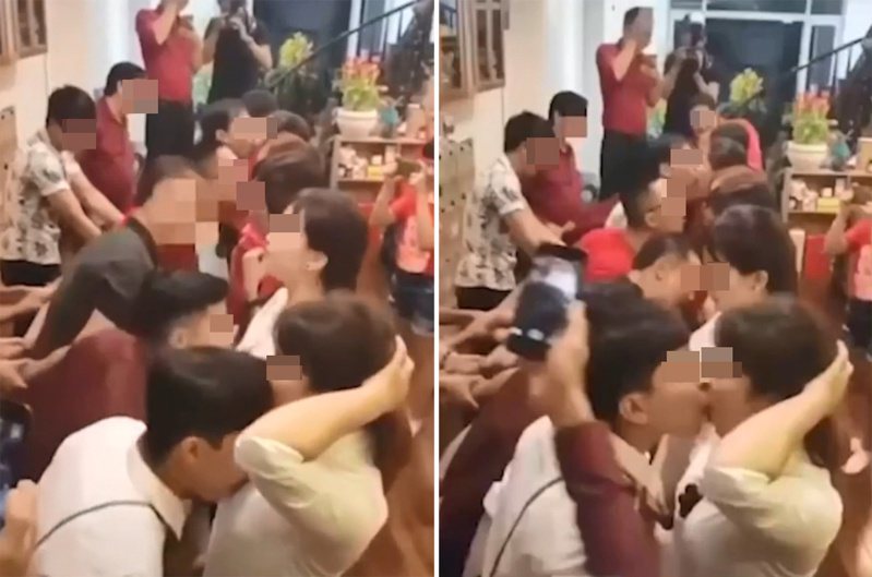 有越南网友上传影片，声称有公司年终晚会上玩游戏，男同事要咬女同事胸前的葡萄，然后再嘴对嘴餵她吃掉，尺度引起争议。 图／撷自影片(photo:UDN)