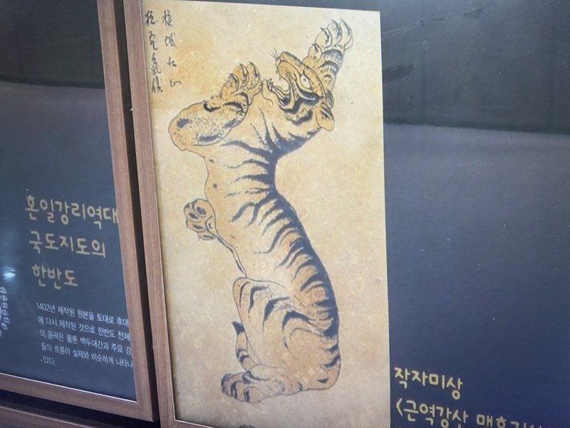 韩国人认为朝鲜半岛看起来就像一只侧卧着的老虎，图为韩国国立白头大干树木园内展示将朝鲜半岛描绘为老虎形象的古代画作。 中央社(photo:UDN)