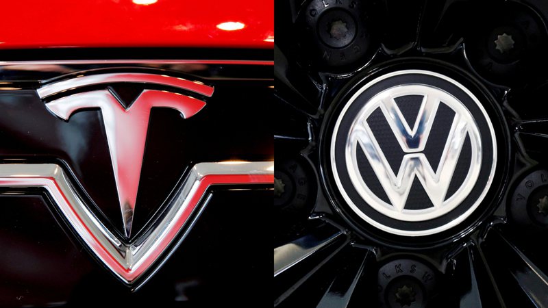 电动车需求势不可挡，特斯拉（左）与福斯（右）在电动车市场上竞争激烈。图／路透(photo:UDN)