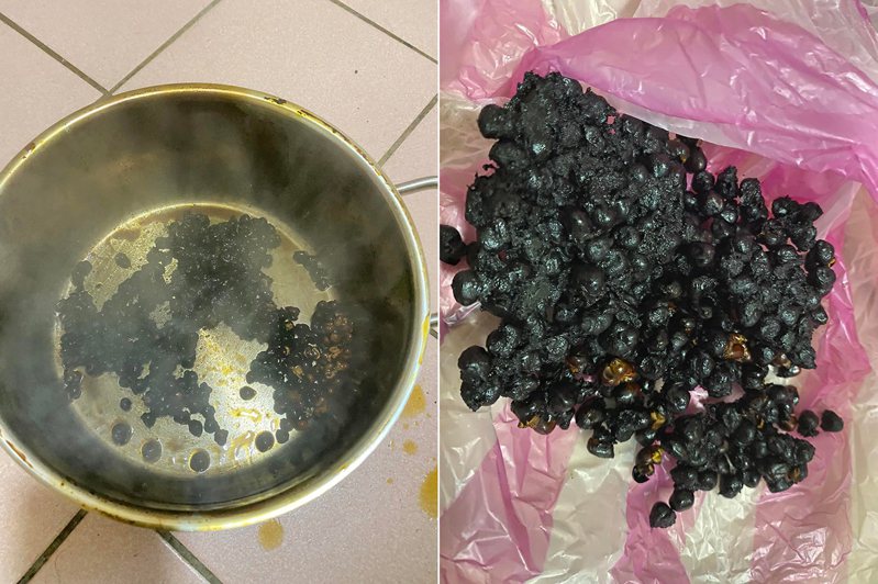 一名網友試著用鐵鍋DIY爆米花，沒想到不僅搞得屋子裡都是煙，玉米粒也變成焦炭。 圖／翻攝爆廢公社公開版