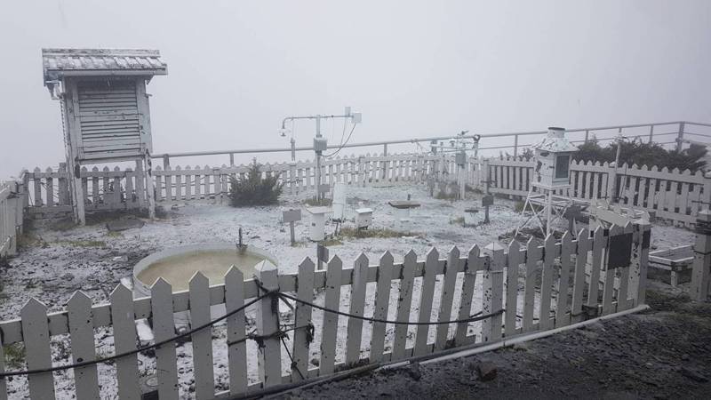 中央氣象局說，玉山下午1時30分下雪至下午2時，積雪0.5公分深。已於下午2時10分轉降雨。圖／氣象局提供