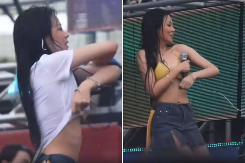南韩女歌手BIBI参加「WATERBOMB」音乐节，为炒热气氛脱去上衣，不料穿在里面的比基尼绑带却松脱，险些走光。图／撷自(photo:UDN)