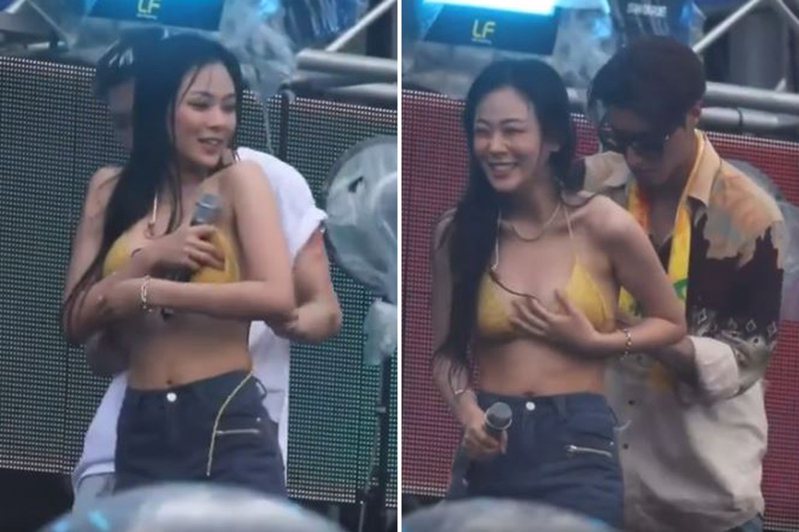 南韩女歌手BIBI参加「WATERBOMB」音乐节，为炒热气氛脱去上衣，不料穿在里面的比基尼绑带却松脱，险些走光，主办单位总共动用2名工作人员才终于绑紧BIBI的比基尼。 图／撷自(photo:UDN)