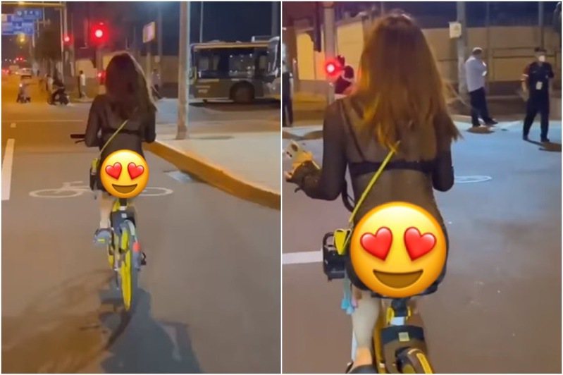 有男網友PO出一段影片，一名女子騎著腳踏車，但竟然只穿著薄紗，畫面讓網友看了猛噴鼻血。圖／翻攝自爆廢公社公開版