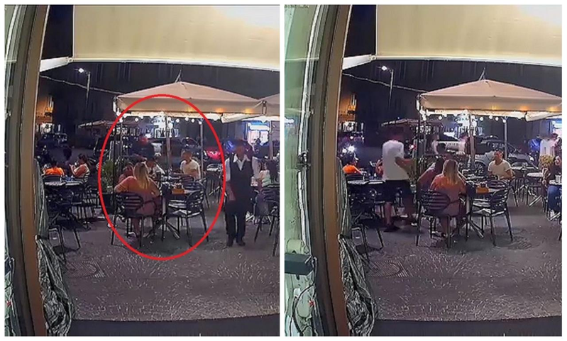 义大利那不勒斯日前发生持枪歹徒抢走外国游客的手表（图左红圈），但同伙（图右白衣男）不到10分钟后跑回来物归原主，甚至还跟他道歉。据报导，抢匪意识到抢到一块山寨表，并非一开始以为超级值钱的顶级手表。照片翻摄：Twitter / Francesco Borrelli(photo:UDN)