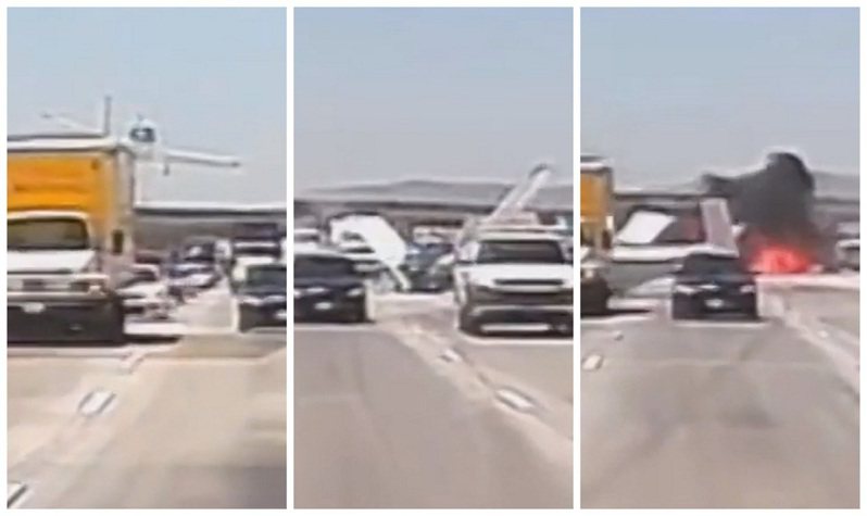 影／美加州小飛機在公路車陣中迫降 行車紀錄器全拍下