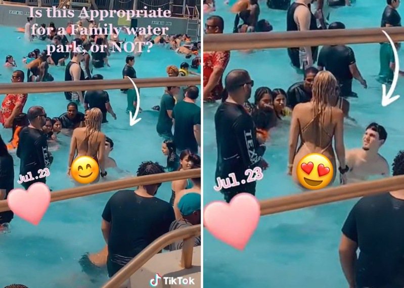 外国一名女子穿着「一条线泳装」在家庭水上乐园内戏水，影片流出后引发讨论。图／取自(photo:UDN)