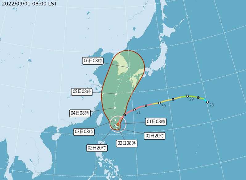 軒嵐諾颱風隨後由於導引氣流較弱，移動速度將逐漸放慢，預計會慢行進一段時間之後再北上，未來極有可能影響到台灣北部及東半部海面，發布海上警報的機率仍大。圖／取自氣象局網站