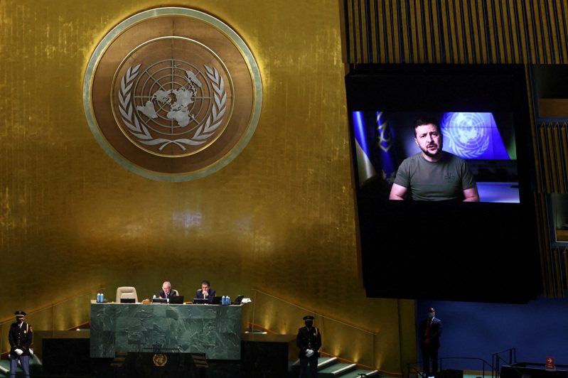 乌克兰总统泽伦斯基廿一日透过视讯在联合国大会发表演说。（路透）(photo:UDN)