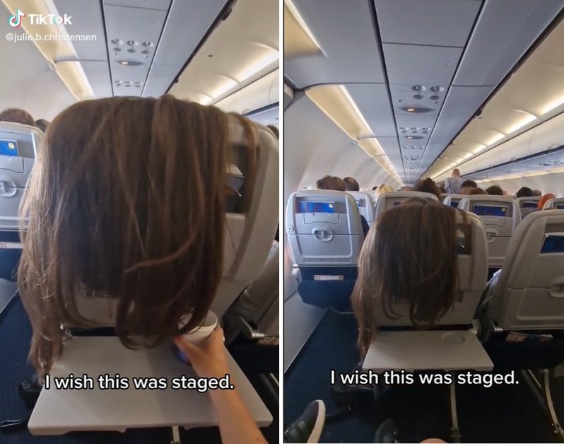 前面乘客把头发披到椅背上，头发甚至还插进杯子里。图撷自(photo:UDN)