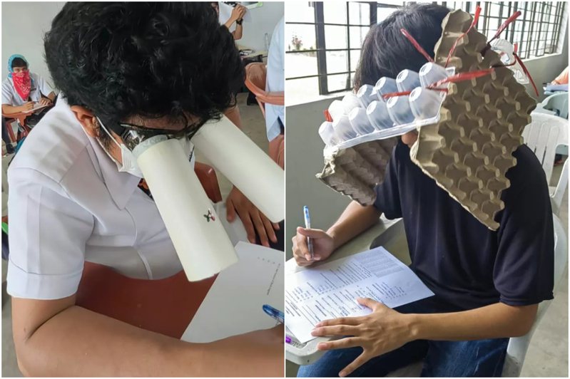 菲律宾的社群媒体近期疯传某大学的学生在考试期间戴着「防作弊装置」的照片，每位学生的奇特创意也顺利在全球爆红。Mary Joy Mandane-Ortiz(photo:UDN)