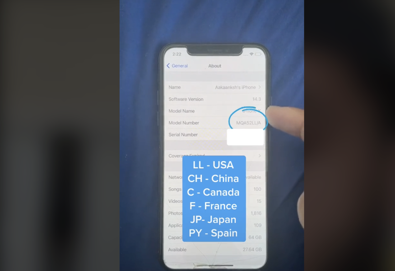 序號後面的字母則是告訴你手機應該賣到哪裡，例如「LL」表示美國、「CH」則是中國、「C」加拿大、「F」則是法國。圖擷自aakaanksh