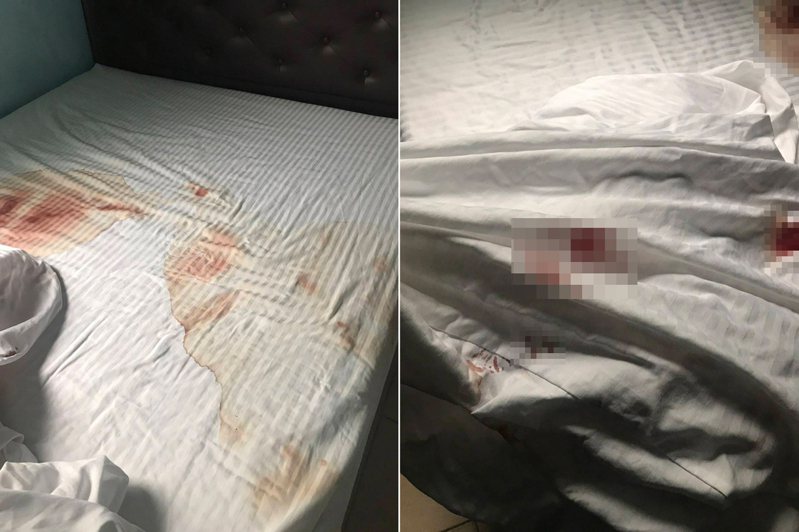 臉書「靠北住宿2.0」貼出幾張旅館中的照片，只見床單和被單都沾滿了血跡，讓許多人看了直呼噁心。 圖擷自靠北住宿2.0