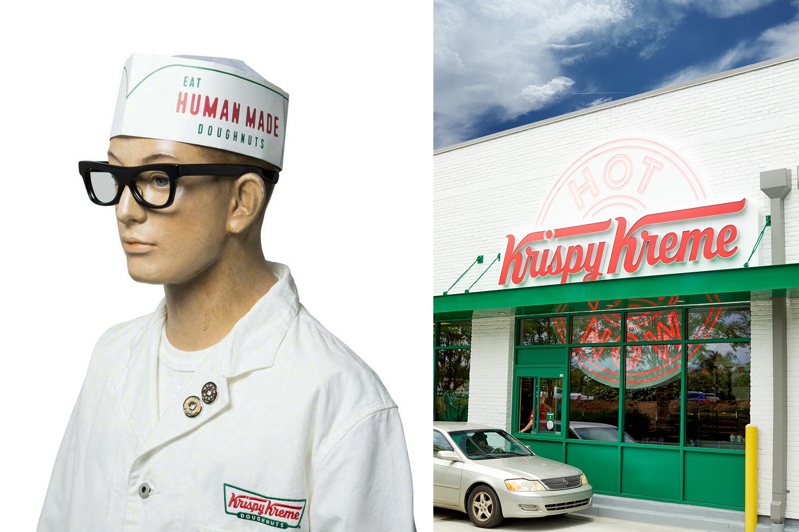 HUMAN MADE與Krispy Kreme Doughnuts聯名系列工裝夾克，配色取自經典品牌Logo，如同量身訂製的企業制服。圖／摘自facebook