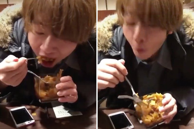 日本網友分享影片，一名男子在「CoCo壹番屋」用餐時捧起桌上的醬菜「福神漬」狂嗑，還將公用湯匙盛醬菜到口中。圖／取自推特