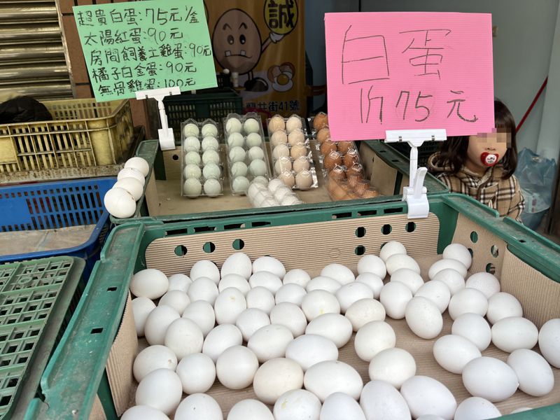 攤位上的白蛋每斤賣75元，比政府所說的價錢還高。記者李宗祐／攝影