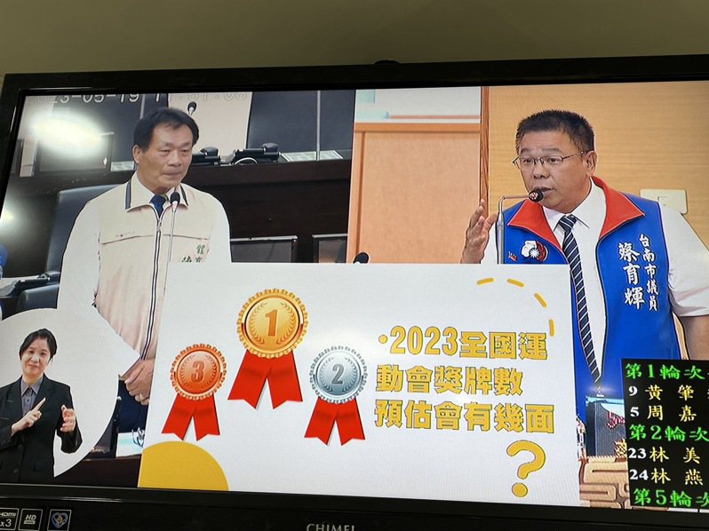台南市體育局長陳良乾（左）在議會表示全運會目標是30面金牌及100面獎牌。記者吳淑玲／攝影