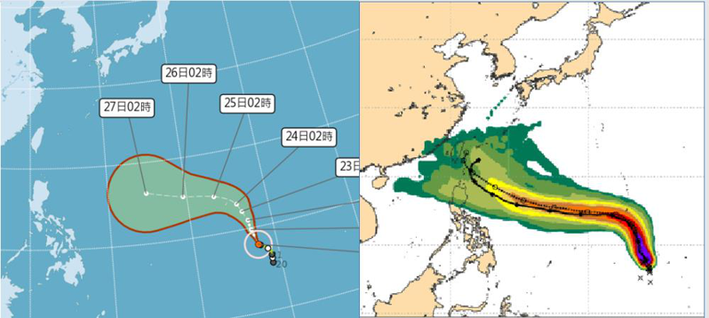 中央氣象局颱風路徑潛勢預測圖顯示，瑪娃颱風預測向北北西漸轉西北西，5天後與台灣還有段不小距離（左圖）。21日20時歐洲模式系集模擬圖顯示，瑪娃未來10天的侵襲機率（右圖）。圖／取自「三立準氣象．老大洩天機」專欄
