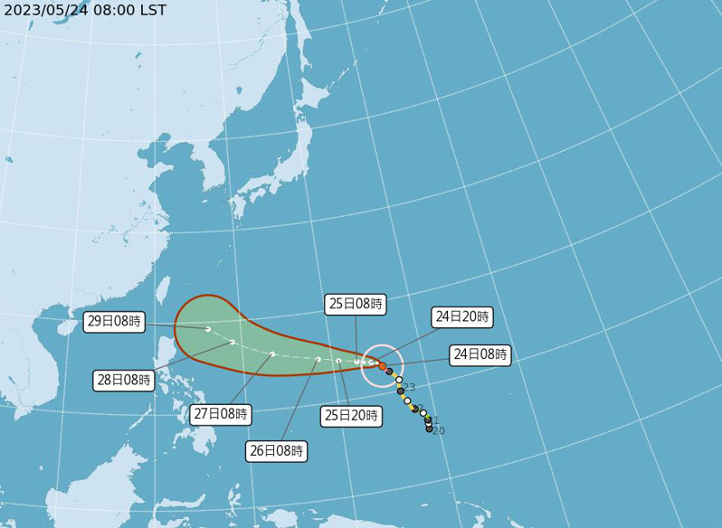 瑪娃颱風昨晚8時成強颱，對台影響關鍵要視下周北轉程度。圖╱取自氣象局