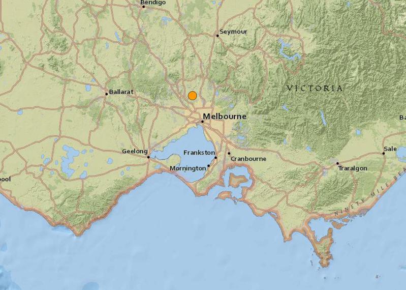 澳洲墨尔本部分地区28日深夜遭到3.8级地震袭击，甚至有房屋嘎嘎作响、让成千上万民众惊醒，地震学家更表示「这是墨尔本超过120年来遭遇最大的地震」。截自USGS(photo:UDN)