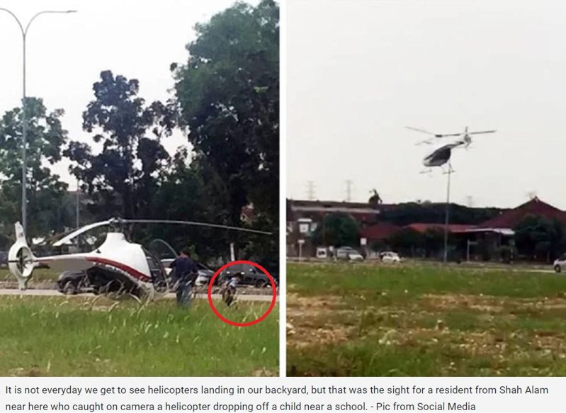 民眾目擊一架直升機停靠在小學空地，一名小學生下飛機後揹著書包走進教室。圖擷自新海峽時報