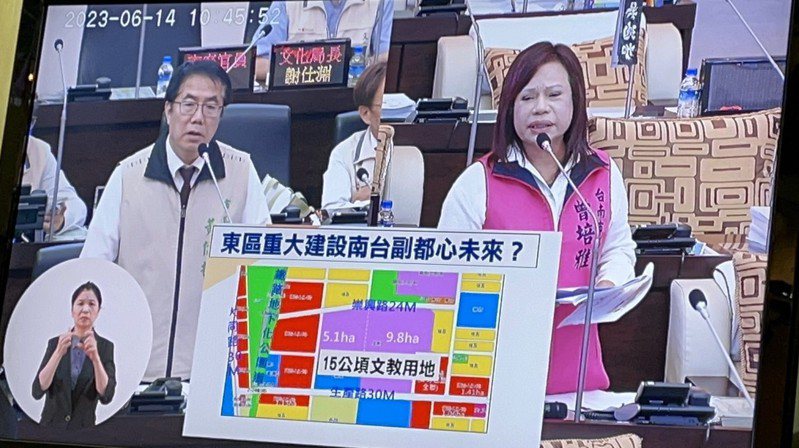 台南市長黃偉哲（左）回應市議員曾培雅。記者吳淑玲／攝影