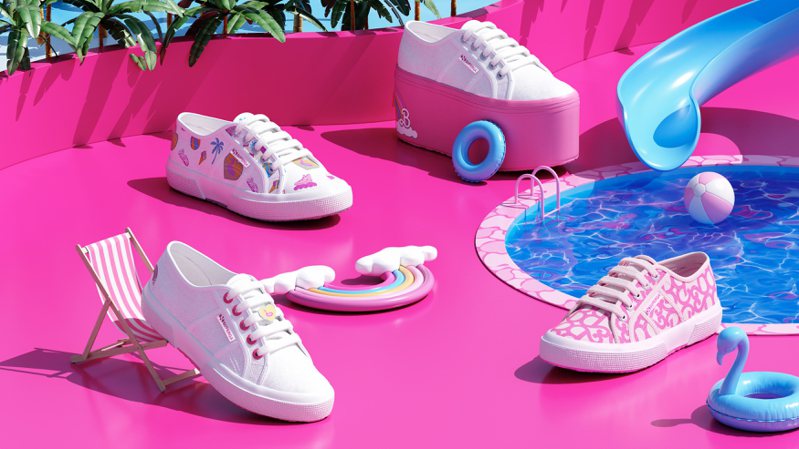 義大利國民鞋Superga和電影「Barbie」跨界合作，以品牌經典小白鞋為基礎，融入夢幻芭比粉、夏日風格圖騰，誕生了超欠買的鞋款設計。圖／Superga提供