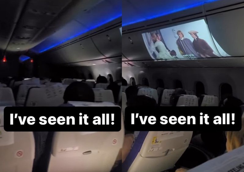 國外一名乘客在飛機上用投影機播放電影。圖截自TSA