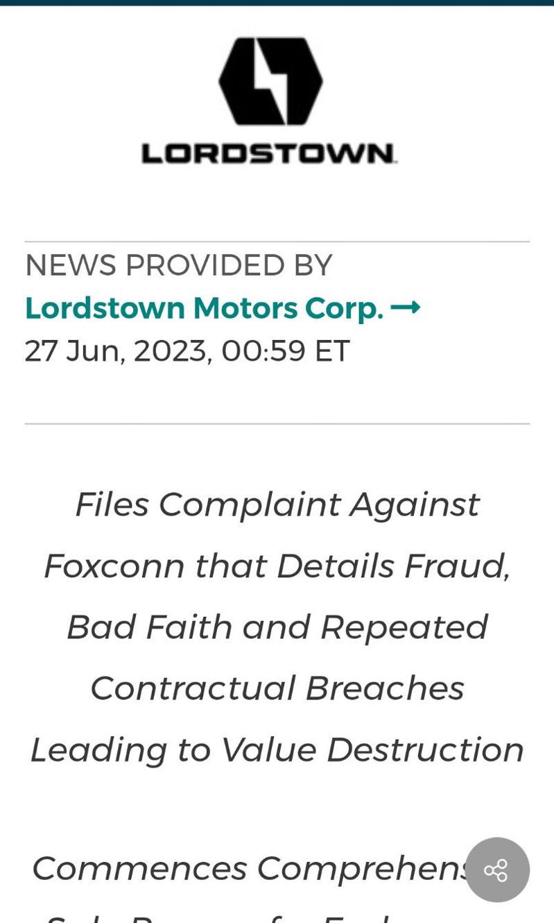 美國電動車新創Lordstown Motors已在美國德拉瓦州向法院聲請破產法11章保護令，該公司並發布新聞稿指出是因鴻海違反合約導致公司價值毀滅。圖／記者翻攝。