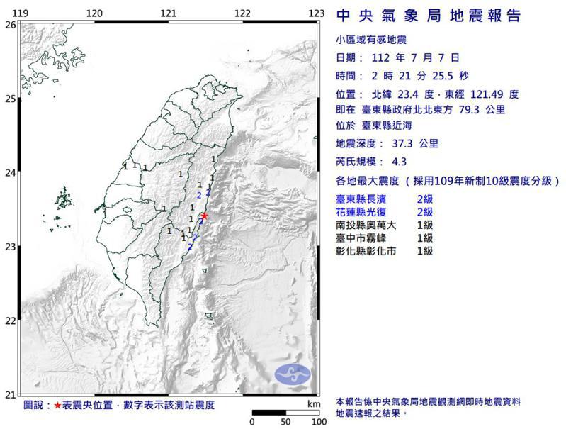 中央氣象局發布小區域有感地震報告。圖／氣象局提供