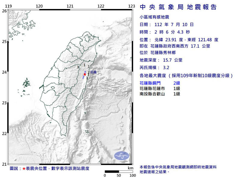 中央氣象局發布小區域有感地震報告，今天凌晨2時6分，在在花蓮縣政府西南西方17.1公里，位於花蓮縣秀林鄉，發生芮氏規模3.2地震，地震深度15.7公里。圖／取自氣象局網站
