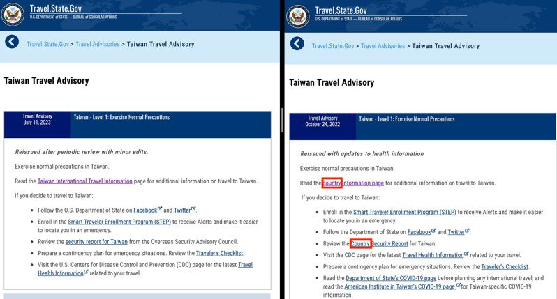 美國國務院領務局11日更新對台旅遊警示，並未調整警示層級，而是移除網頁提到的「國家」（country）字眼。圖片來源／美國國務院。製圖／張文馨。