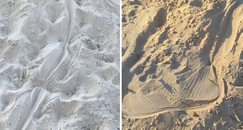 一名男子在沙灘上走路時，發現有奇怪的生物足跡出現在上面，其中有一條像蛇爬過的直線痕跡，卻又有像魚鰭一樣的痕跡劃過去，詭異照片在網路上瘋傳掀起網友熱議。
 (圖/取自影片)