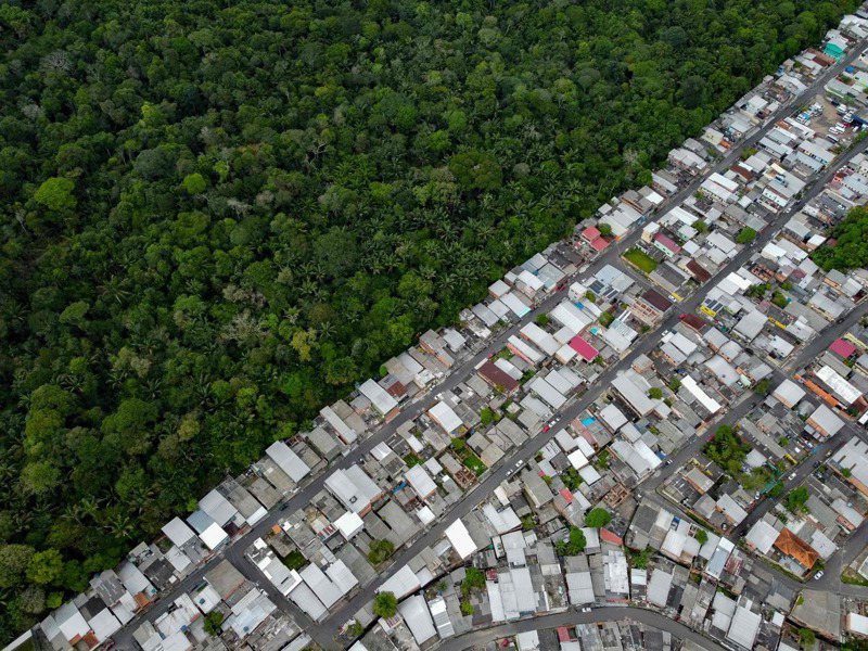 亞馬遜森林與當地住民房舍僅一線之隔。法新社
