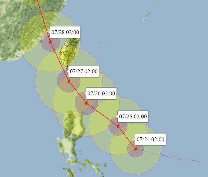 中度颱風杜蘇芮今天凌晨2時的中心位置在鵝鑾鼻東南方1020公里海面上，以每小時8公里速度，向西北進行。圖／取自「氣象達人彭啟明」臉書粉專