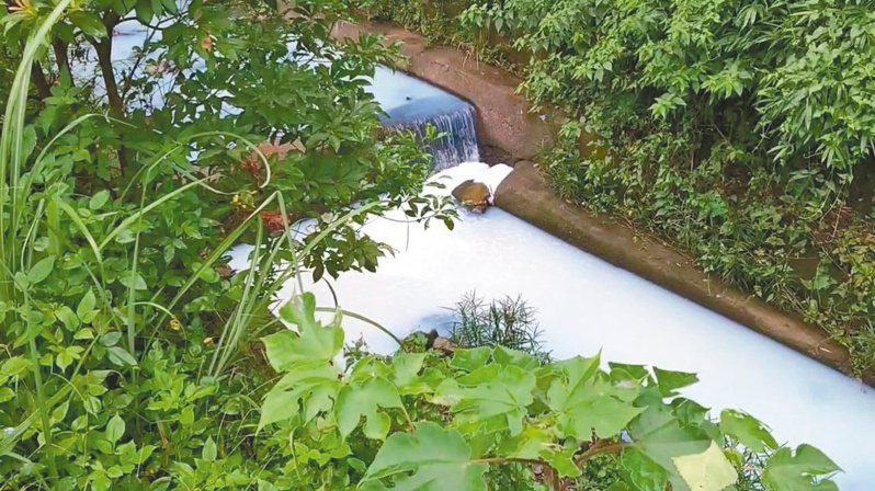 有民眾昨在牛欄河上游發現河川被不明白色液體染成「牛奶河」。圖／讀者提供