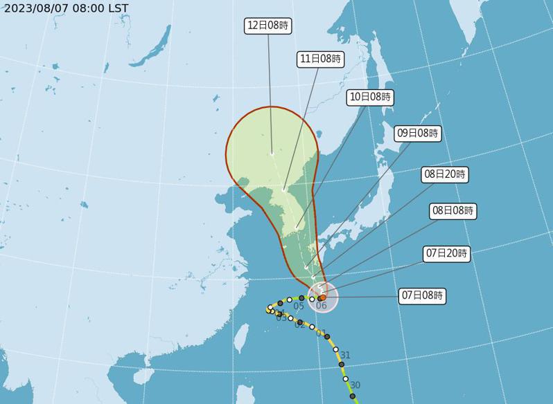 卡努颱風預期會往日本九州、通過韓國的方向往北走。圖／取自氣象局網站