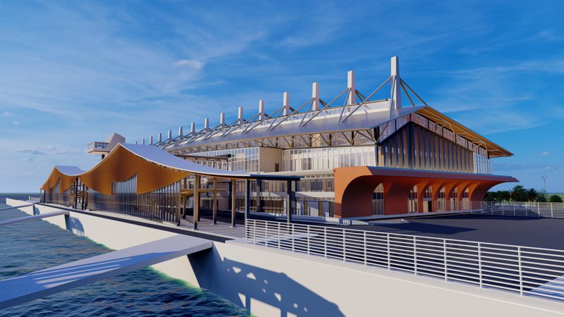 金門水頭港大型旅客服務中心新建工程力拚2025年上半年試營運，新中心能有效分流旅客動線。圖／金門縣政府提供