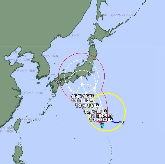 今年第7號颱風蘭恩可能直撲日本，JR東海公司不排除在蘭恩可能來襲期間，預防性停駛往來東京與大阪的東海道新幹線。圖／取自日本氣象廳