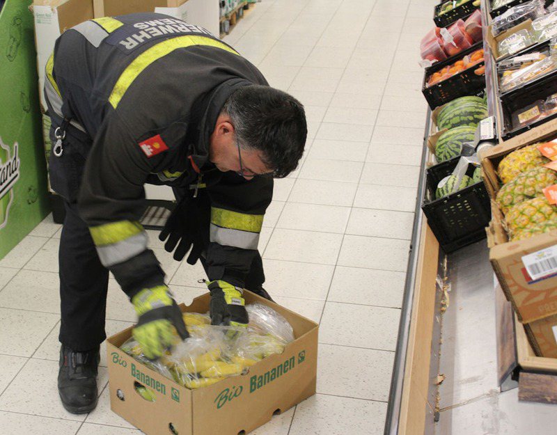 奧地利有超市日前開箱香蕉時，發現1個紅黑相間、全世界最毒蜘蛛之一的巴西遊走蛛。圖／擷自「Freiwillige Feuerwehr Krems」