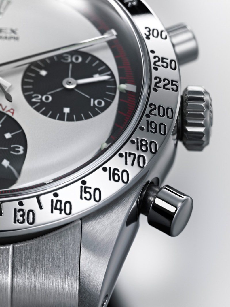 1963年的Daytona腕表，以銘刻在表圈上的數字，讓車手得以快速進行精密計算。圖／ROLEX提供