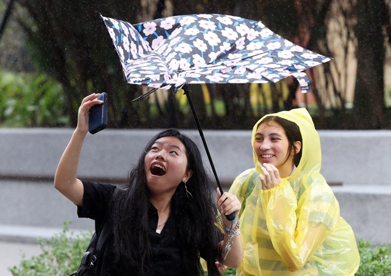 卡努颱風影響台灣期間，風力強勁，有民眾撐著的雨傘開花。本報資料照片