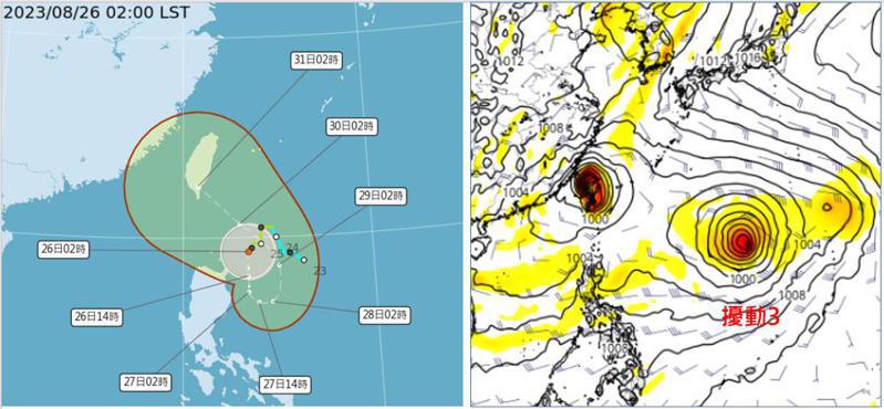 中央氣象局預報資料（左圖）顯示，蘇拉颱風未來4天在呂宋島東北方海面打轉後、向台灣靠近，下周四凌晨2時中心已在台東縣，但其不確定範圍（紅框）達820公里。歐洲模式模擬（右圖，取自tropical tidbits）顯示，下周四20時蘇拉已登陸並籠罩台灣；而關島西方有第3個熱帶擾動。圖／取自「三立準氣象.老大洩天機」專欄